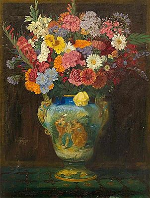 Still-life with flowers in a two-handled vase with lilacs, marguerites and gladioli. 1913.