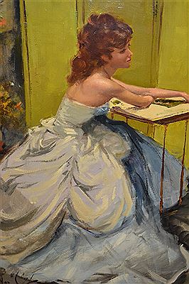 ' Daniele Revense ', study of a seated girl at a small table wearing a ball gown