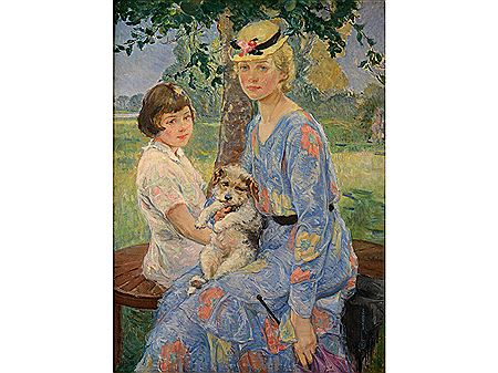 PORTRAIT OF A MOTHER AND HER DAUGHTER, A SMALL DOG ON THE MOTHER'S LAP by Ernest Borough Johnson - Auction record, sale price, and art valuation. Compare with similar artists and explore comparable artworks.