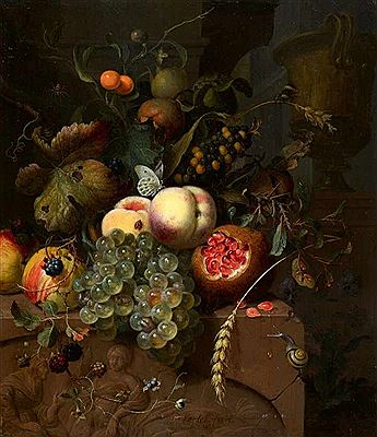 Still Life with Peaches, Grapes, Apples, and a Pomegranate on a Stone Relief