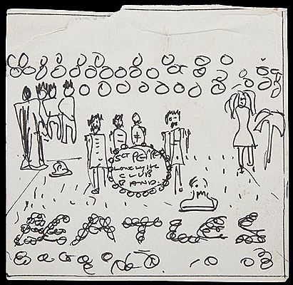 An ink on paper sketch by John Lennon of the Sgt. Pepper’s Lonely Hearts Club Band album cover