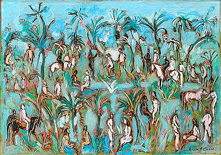 Sample artwork by Hassan el Glaoui (1923 - 2018), known for abstract equestrian scene painting, elongated fantasy horses and riders - View similar artists and auction records