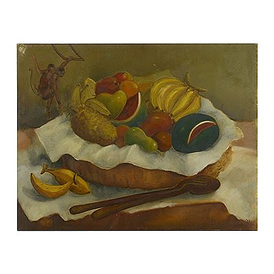 Bodegón con frutas y monos