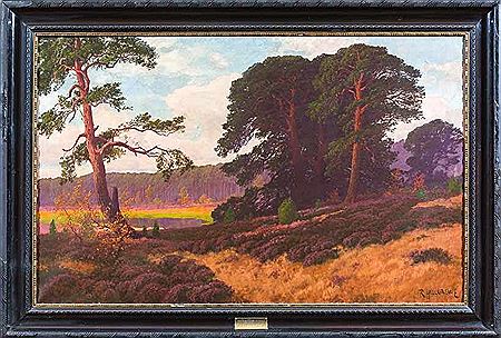 Spätsommertag in der Mark. Mächtige Kiefern, blühende Heide und Blick auf Waldsaum mit Senke und Wasserloch
