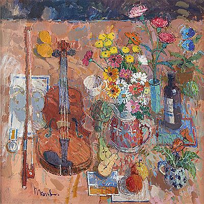 VIOLIN, FLOWERS AND FRUIT
