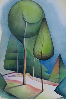 Group of modernist colored pencil drawings and watercolors