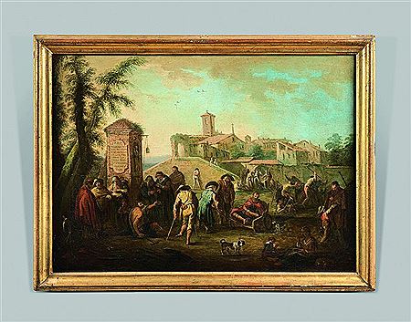 Beggars praying before a statue of St. near a monastery; Street actor in an Italian town (2)