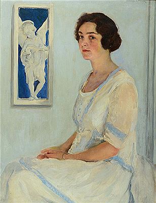 Portrait of Mrs Tom Mostyn seated wearing a blue trimmed white dress by Leonard John Fuller - Auction record, sale price, and art valuation. Compare with similar artists and explore comparable artworks.
