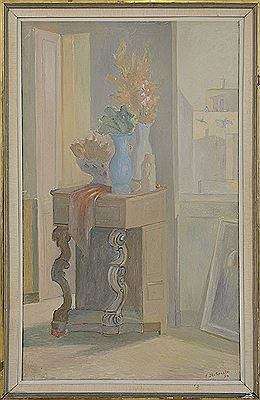 Composizione con vecchio mobile e vasi, 1954