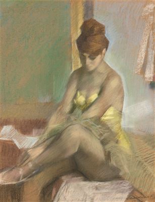 Dancer Putting on Pointe Shoes