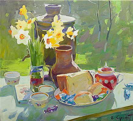STILL LIFE WITH DAFFODILS, CERAMICS AND CHEESE