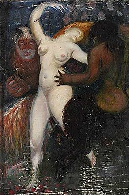Mythologische Szene Entführung einer unbekleideten weiblichen Schönheit durch zwei Satyre
