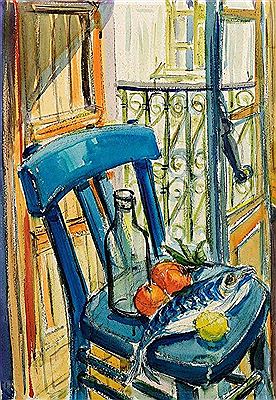 Blue chair with bottle, fish and citrus by Hans Waiblinger - Auction record, sale price, and art valuation. Compare with similar artists and explore comparable artworks.