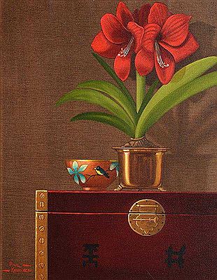 Amaryllis & Chinese Bowl on Laquer Cabinet