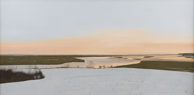 A snowy landscape and river at dusk