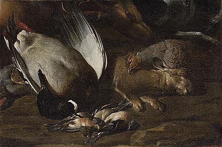 Still life with hare, duck and birds
