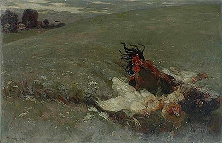 Hahn mit seiner Hühnerschar auf blühender Wiese. Seitlich Gehöft und anfliegender Hühnerhabicht