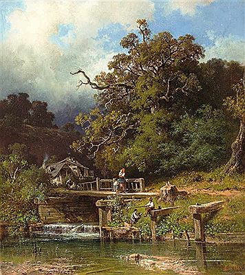 Prachtvolle Sommerlandschaft mit Anglern am Mühlbach, Mutter mit Kindern auf der Brücke. Im Hintergrund alte Mühle und Personenstaffage