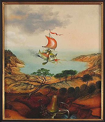 Phantastisch-realistische Landschaft mit Flugobjekt