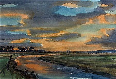 "Leuchtender Himmel mit dunklen Wolken" (Wümme-Landschaft)