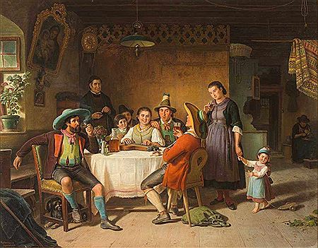 Tiroler Familie im Festtagsstaat lauscht dem Zitherspiel eines Mädchens und dem Gesang eines jungen Mannes. Reizende Biedermeieridylle
