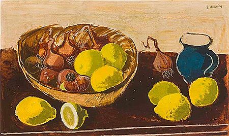 Stilleben mit Zitronen, Zwiebeln und kleinem Keramik-Krug