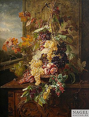 Autumnal still life with grapes and peaches on a chest at a window