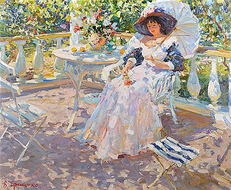 'Natalia Seated on a Veranda, Holding an Umbrella'