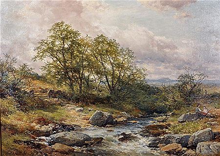 A Rocky River Landscape, with Figures Resting