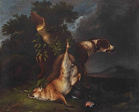 Hunting Still Lifes A Hound with hunted rabbit and birds - Hound with hunted fox and birds (2)