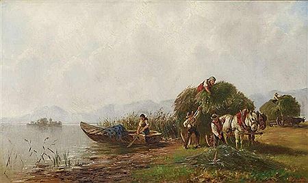 Hay harvest at Chiemsee In the background the Fraueninsel