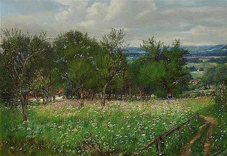 Blooming field with human staffage