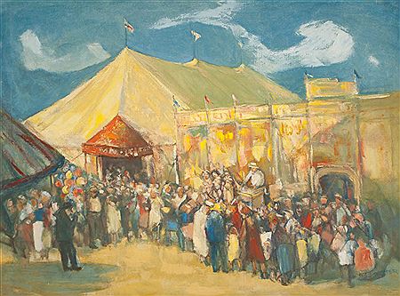 Circus, crowds of people outside the big top with a barker on a platform with three showgirls and a balloon seller on the left