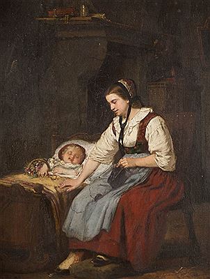 Mother with sleeping child, an interior scene