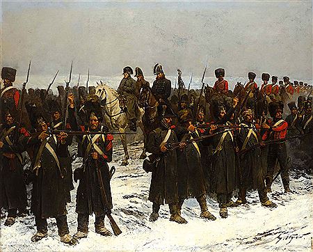 Grenadiers à pied de la garde faisant le coup de feu en protection de l’Empereur Napoléon Ier, durant la Retraite de Russie.