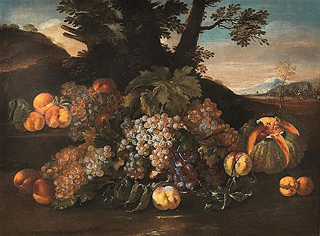 NATURA MORTA DI FRUTTA E UNA BATTAGLIA SULLO SFONDO