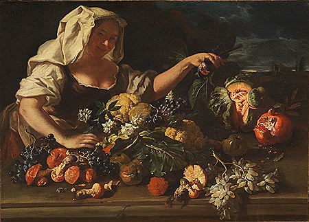 PAIR: FRUITS, VEGETABLES AND FLOWERS OUTDOORS, WITH A FEMALE FIGURE AND STILL LIFE WITH GAME AND A HUNTER