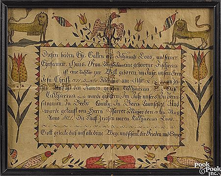 Fraktur birth certificate for Catharina Loos, b. 1821 by Andreas Kessler - Auction record, sale price, and art valuation. Compare with similar artists and explore comparable artworks.