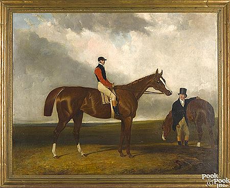Race horse Elis, ridden by John Day, with his trainer John Doe to his right