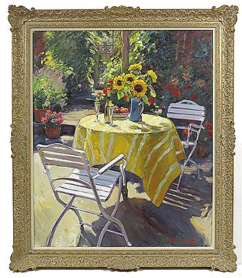 Summer scene with sunflowers in a jug