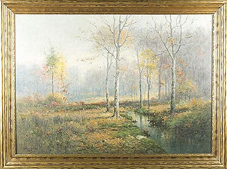 Landscape with birch trees and a small creek.
