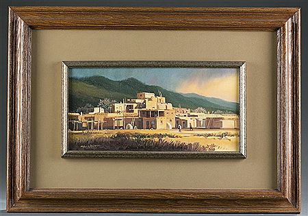 Landscape of a Native American village with mountains in the background