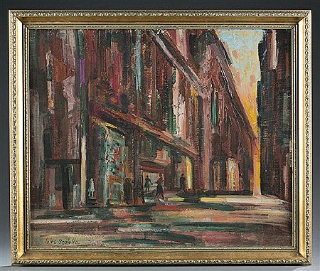 Untitled Street view in reds, purples, oranges & greens