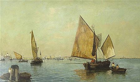 Fischerboote in der Lagune von Venedig, im Hintergrund die Silhouette der Stadt mit dem Markusplatz. (18)84