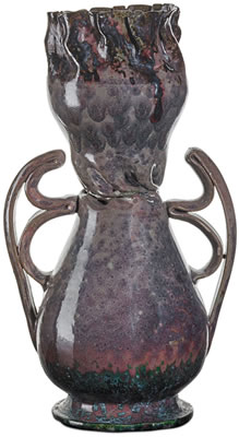 Exceptional, large vase with ribbon handles, in-body twist, and ruffled rim, rare raspberry, purple, green and gunmetal pigeon-feather glaze by George Ohr - Auction record, sale price, and art valuation. Compare with similar artists and explore comparable artworks.