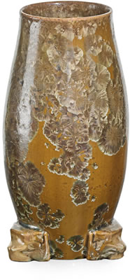 Fine and rare porcelain vase with Aztec-style feet, brown crystalline glaze by Adelaide Alsop Robineau - Auction record, sale price, and art valuation. Compare with similar artists and explore comparable artworks.