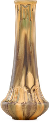 Fine tapering porcelain vase with carved Native American-style decoration, multicolor microcrystalline drip glaze