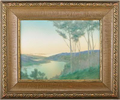 Scenic Vellum plaque with river, trees, and mountains