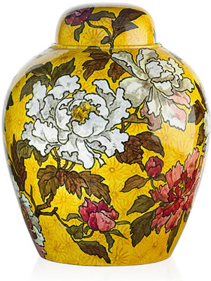 Large covered jar with tree peonies on a yellow ground