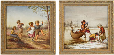 Two tiles with scenes of children at play in winter and summer (framed), England, ca. 1900
